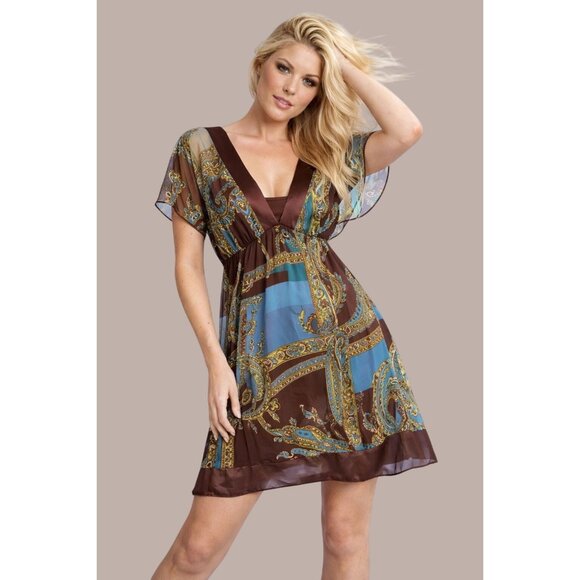 Breakin Loose Dresses & Skirts - Breakin Loose Size 14 Blue Brown Paisley Dress Sheer Chiffon Glamcore Resortcore